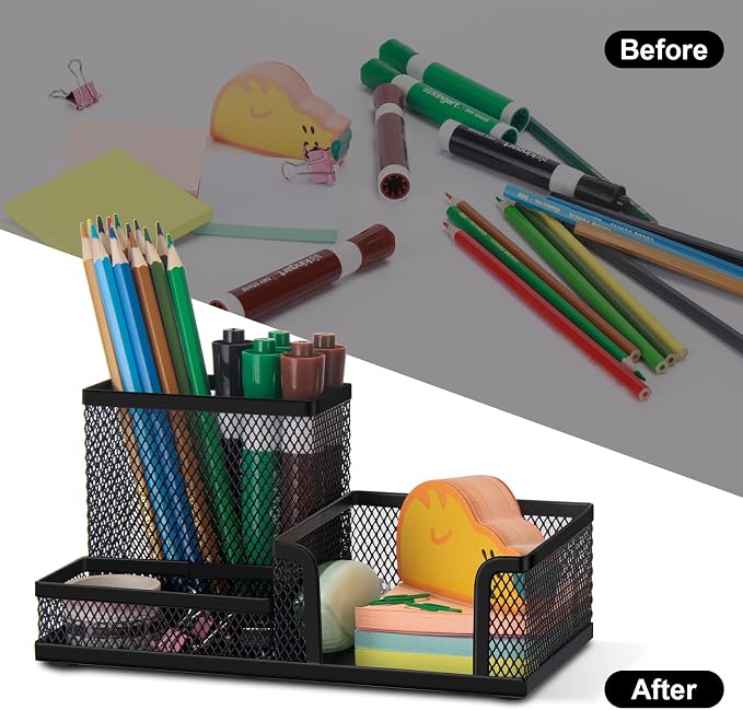 Comix Mesh Pen Pencil Holder Desk Organizer, 3 Compartment Wire Desktop Pen - Image 7