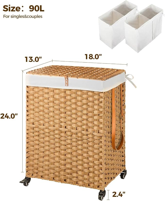 Greenstell Laundry Hamper with Wheels, No Install Needed, 90L Divided Handwoven - Image 5