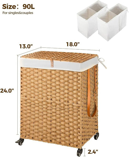 Greenstell Laundry Hamper with Wheels, No Install Needed, 90L Divided Handwoven - Image 5