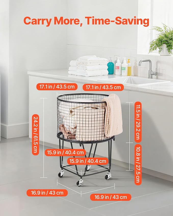 VEVOR Laundry Basket with Wheels, Metal Storage Cart Deep Set Rolling Mesh - Image 3