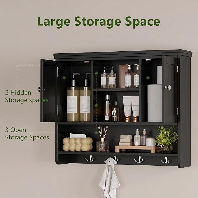 Bathroom Wall Cabinet with Doors and Hooks, 3-Tier Wall Mounted Cabinet | - Image 6