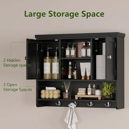 Bathroom Wall Cabinet with Doors and Hooks, 3-Tier Wall Mounted Cabinet | - Image 6