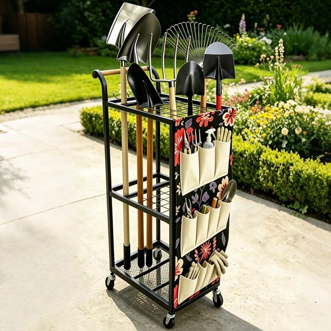 Garden Tool Organizer with Wheels 3 Tier Yard Tool Organizer Rack with Side by ANBOO