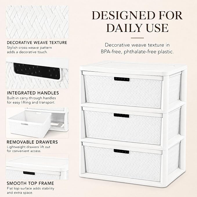 Wide 3-Drawer Plastic Storage Tower, Decorative Organizer Chest, BPA-free - Image 6