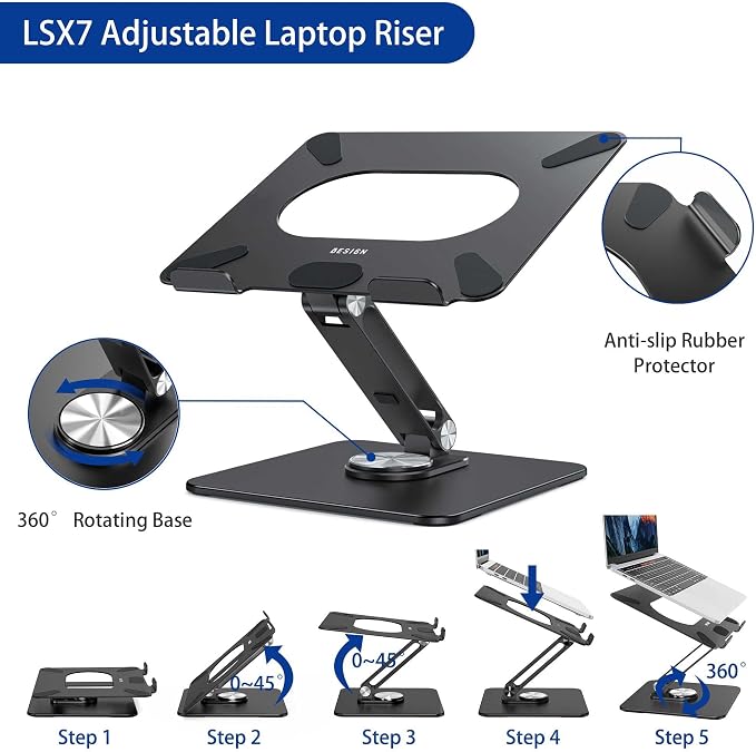BESIGN LSX7 Laptop Stand with 360 Rotating Base, Ergonomic Adjustable Notebook - Image 8