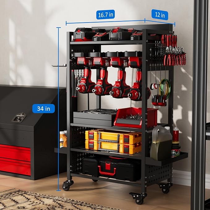 Power Tool Organizer Cart with 8 Charger Ports & Adjustable Storage, Garage - Image 7