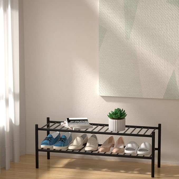 2-Tier Bamboo Long Shoe Rack, Free Standing Wood Shoe Shelf Storage Organizer - Image 2
