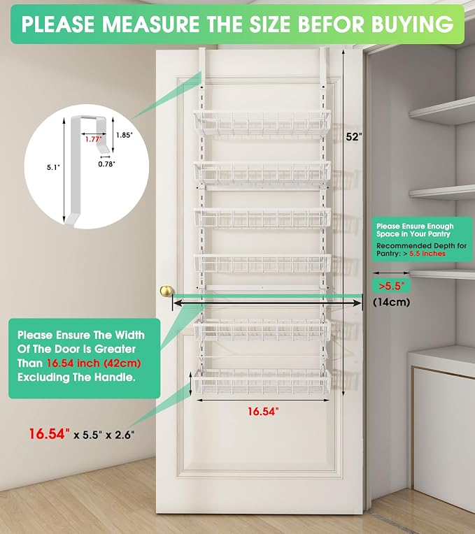 Mefirt Over The Door Pantry Organizer, Wall Mount Spice Rack 6-Tier White | - Image 2