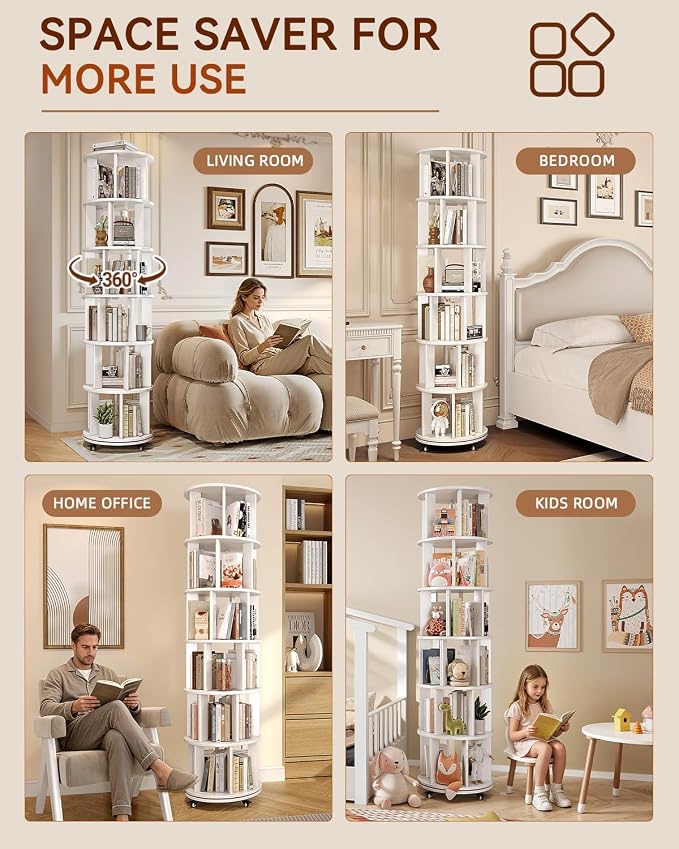 IUNVR Rotating Bookshelf, 6 Tier Solid Wood Bookshelf Tower - Image 7