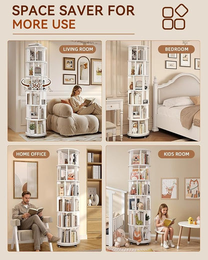 IUNVR Rotating Bookshelf, 6 Tier Solid Wood Bookshelf Tower - Image 7