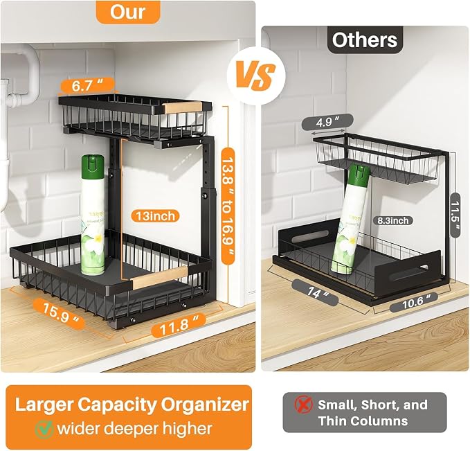 PXRACK 2 PACK Under Sink Organizer, Adjustable Height, 2 Tier Pull Out Under - Image 2