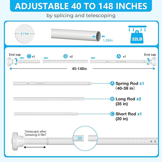 MEXAU White Shower Curtain Rod 40-148 Inch Adjustable 1.26 Inch Diameter - Image 3