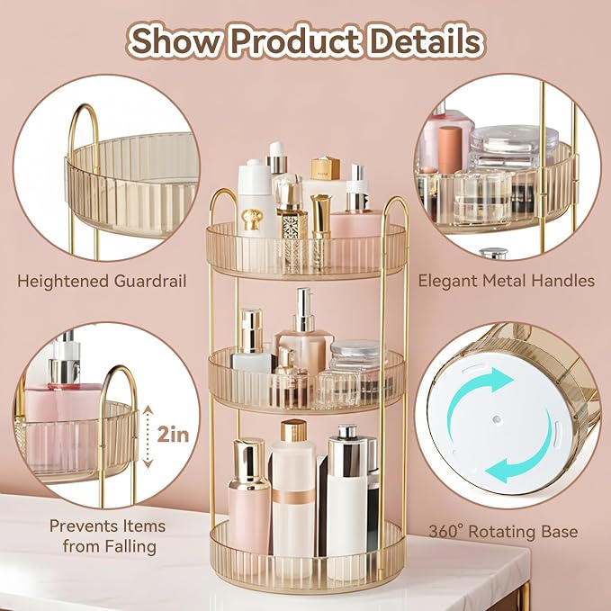 360° Rotating Makeup Organizer for Vanity, 3 Tier Perfume Organizers - Image 6
