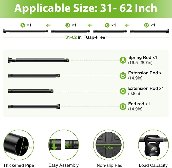 2Pcs Spring Tension Curtain Rod31-62 Inch, 7/8" Diameter Tension Rod - Image 3