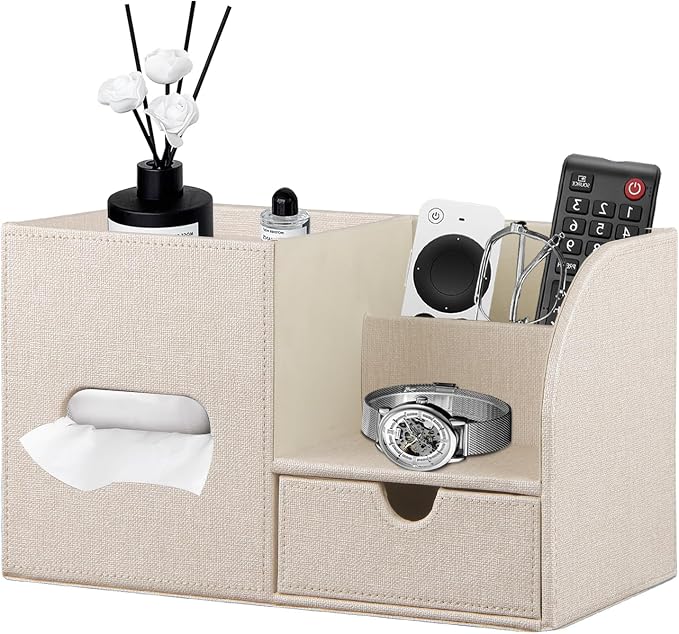 YAPISHI Tissue Box Cover with Storage Tray and Drawer, PU Leather Square Tissue by YAPISHI