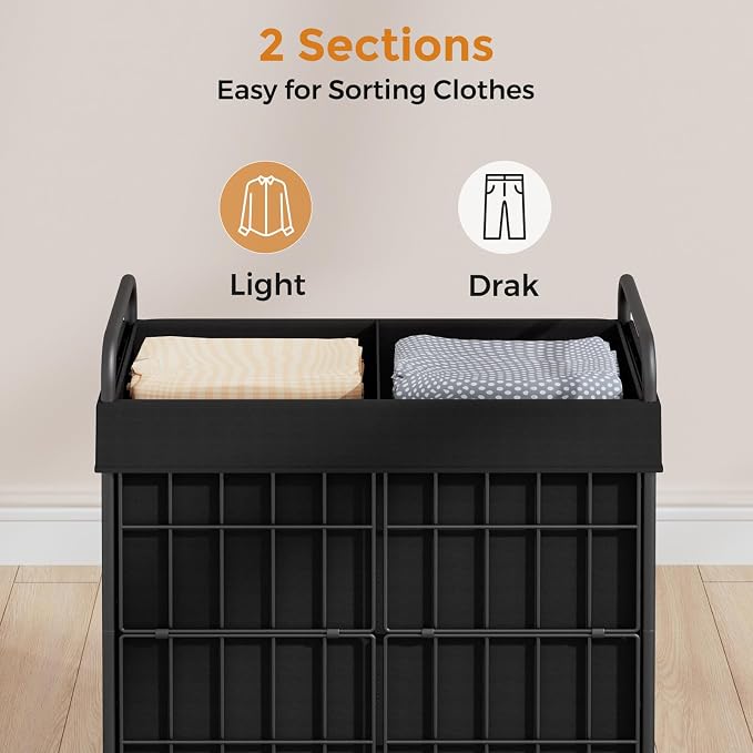 2 Section Laundry Hamper with Wheels and Brake, 100L Laundry Sorter Cart with 2 - Image 4