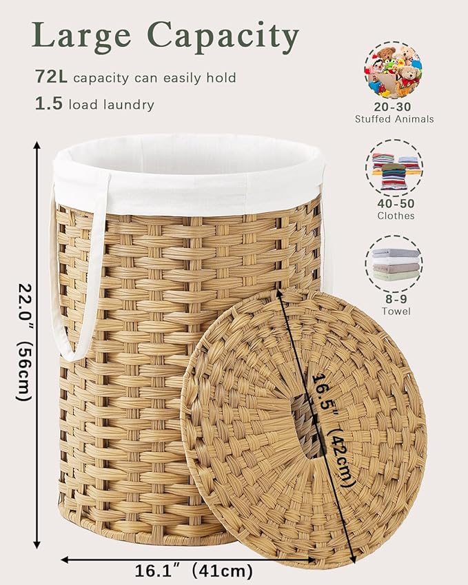 Laundry Hamper with Lid Laundry Basket with Lid 19.0 Gal Round Wicker Laundry - Image 4