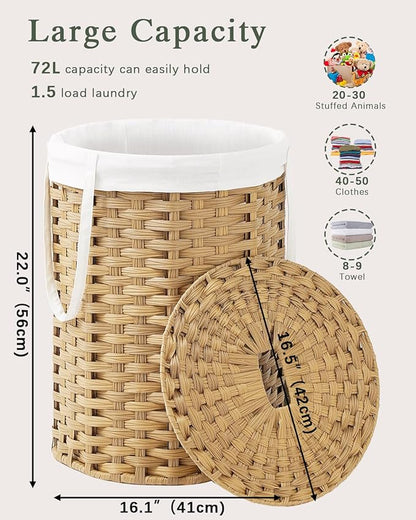 Laundry Hamper with Lid Laundry Basket with Lid 19.0 Gal Round Wicker Laundry - Image 4