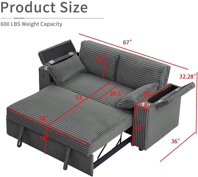 hansones 68.11" Corduroy Sleeper Chair Bed - Image 2