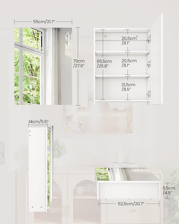 Bathroom Medicine Mirror Cabinet, 21.7'' x 27.6'', Wall-Mounted Bathroom Vanity - Image 3