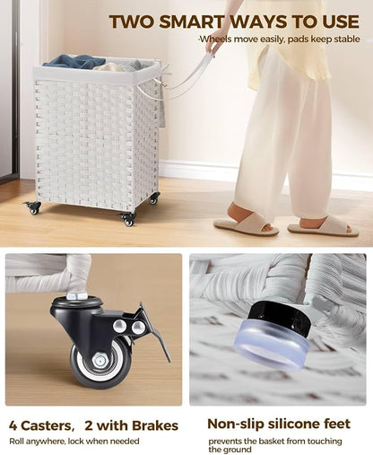 Greenstell Laundry Hamper with Wheels, No Install Needed, 90L Divided Handwoven - Image 3