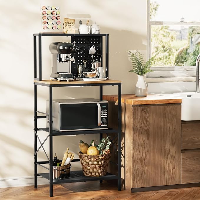 Kitchen Bakers Rack with Pegboard, 4-Tiers Coffee Bar Table, Heavy-Duty Metal - Image 2