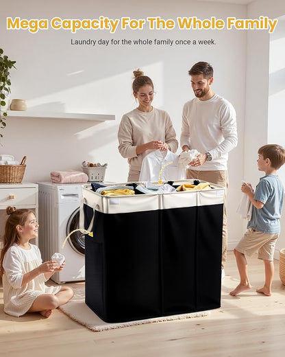190L Laundry Hamper with Lid, Large Laundry Basket with Lid and 3 Section - Image 4