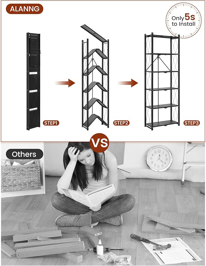 ALANNG 73.6 Inch Folding Bookshelf, 6 Tier Metal Bookcase and Bookshelves | - Image 4