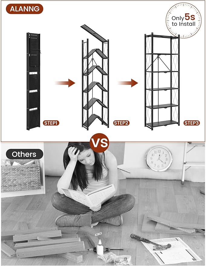 ALANNG 73.6 Inch Folding Bookshelf, 6 Tier Metal Bookcase and Bookshelves | - Image 4