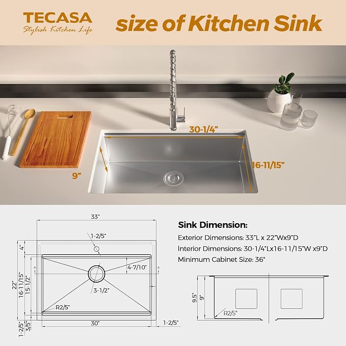 33 x 22 Drop-In/Undermount Kitchen Sink, TECASA Single Bowl Kitchen Sink - Image 7