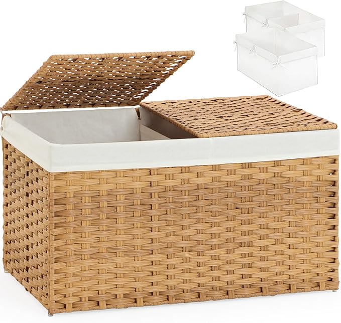 SETVSON Storage Basket with Lid Rattan Woven Storage Baskets with 2 Separate by SETVSON