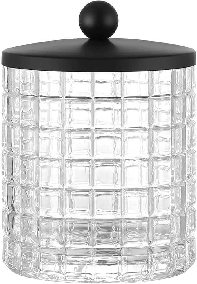 Glass Cotton Jar Holder Matte Black Lid, Elegant Bathroom Storage Canister by IndecorHome