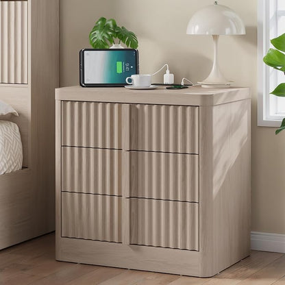 Fluted Nightstand with Charging Station, 23.6" Night Stand with Solid Wood by Harpaq