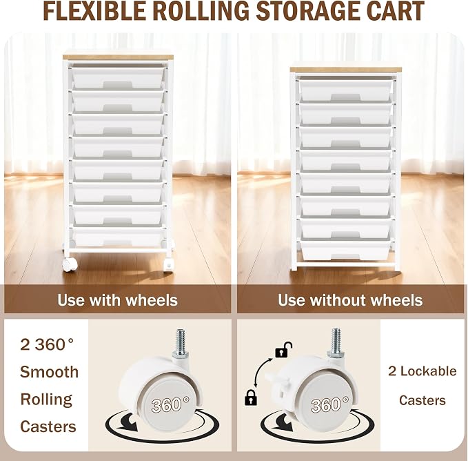 Rolling Cart with 8 Drawers, Storage Drawers Cart with Wooden Tabletop and - Image 4