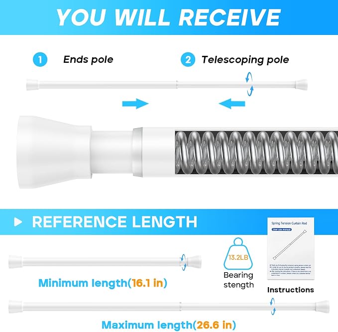 Tension Rod 16 to 26 Inch Adjustable Curtain Rod No Drilling White Tension - Image 3