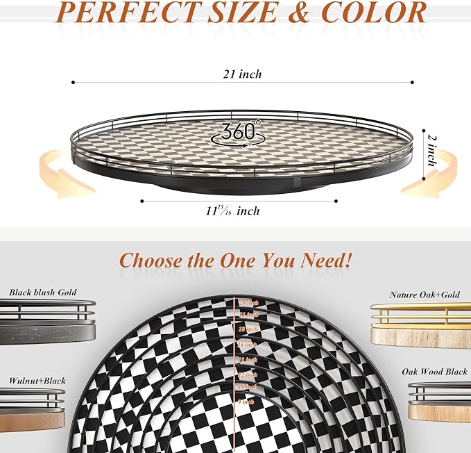 21" Black and White Kitchen Lazy Susan Turntable, Round Checkered Decorative - Image 6