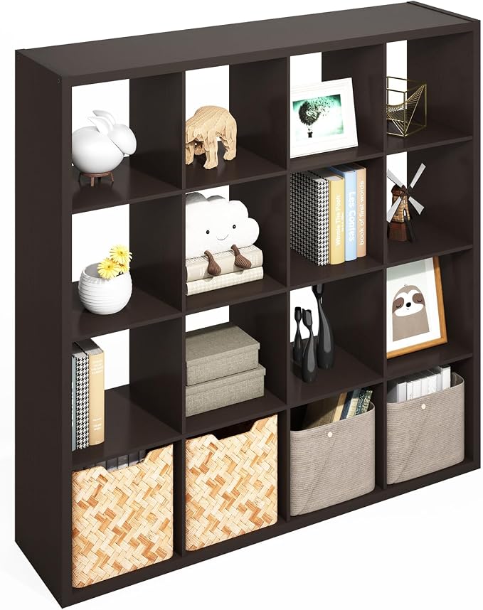 Furinno Simple 16-Cube Storage Organizer, Display Shelf, Dark Oak | Extra Thick by Furinno-FitsYourSpaceFitsYourBudget