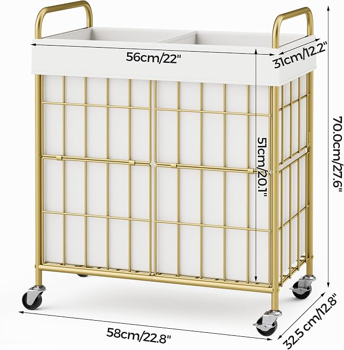 2 Section Laundry Hamper with Wheels and Brake, 100L Laundry Sorter Cart with 2 - Image 7