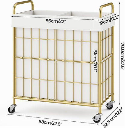 2 Section Laundry Hamper with Wheels and Brake, 100L Laundry Sorter Cart with 2 - Image 7