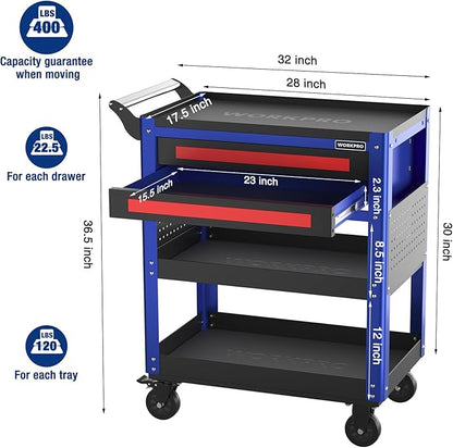 WORKPRO Premium 28" 2-Drawer Rolling Tool Cart, Heavy Duty Utility Industrial - Image 6