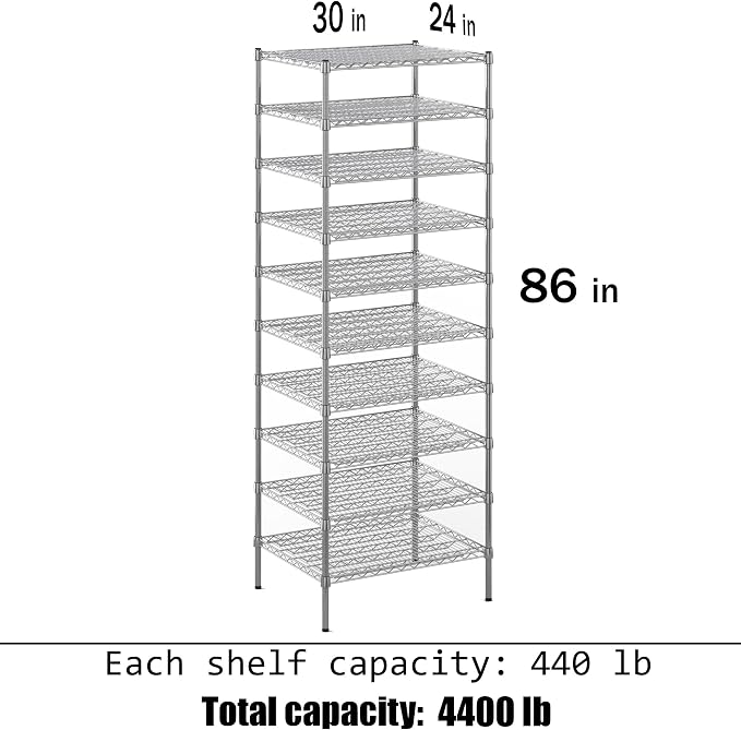 24" Deep x 30" Wide x 86" Height Wire Shelving Kit | 10-Tier | NSF Commercial - Image 3