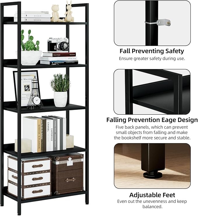 NUMENN Bookshelf, 5 Tier Freestanding Shelving Unit, Falling Prevention Baffle - Image 6