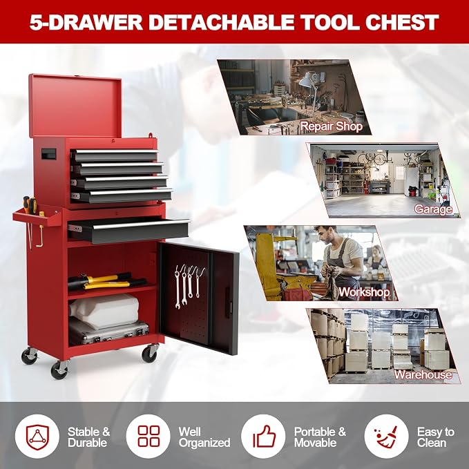 Goplus Tool Chest, 5 Drawers Rolling Tool Cabinet - Image 9