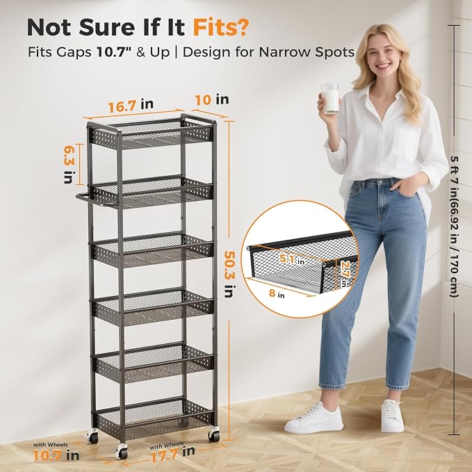 6 Tier Slim Storage Cart with Wheels, Metal Narrow Spice Cabinet Mobile - Image 2