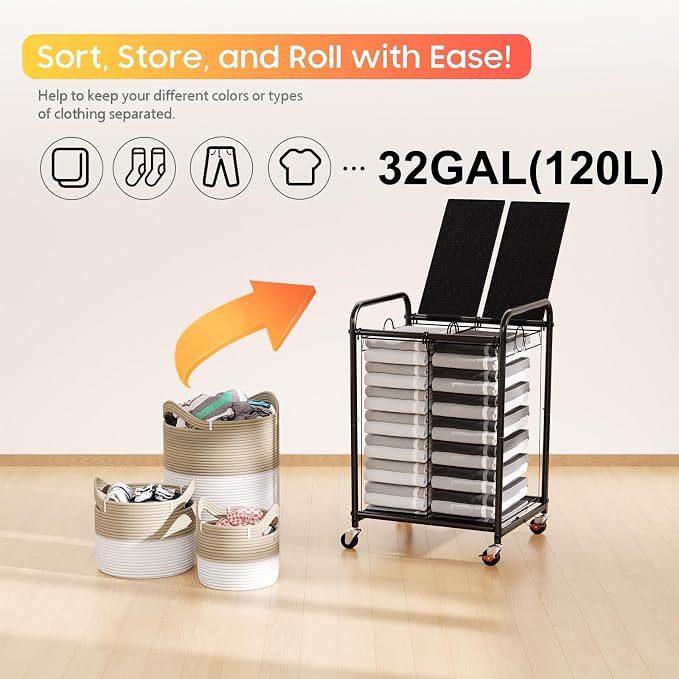 120L Laundry Sorter 2 Section, Rolling Laundry Basket - Image 6