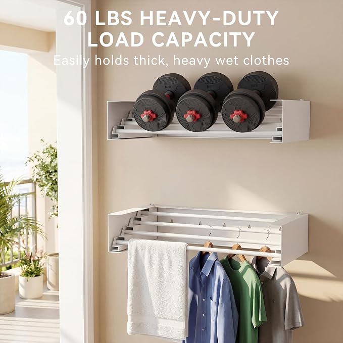 Wall Mounted Drying Rack, 23.6" Retractable Clothes Drying Rack, Heavy Duty - Image 3