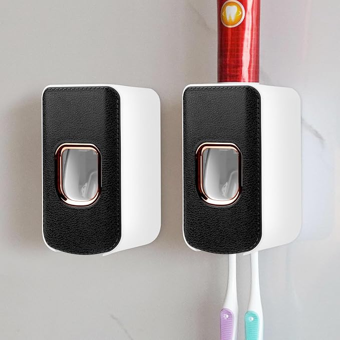 2 Slot Toothbrush Holder and Toothpaste Dispenser Wall Mounted, Automatic by LUEXBOX