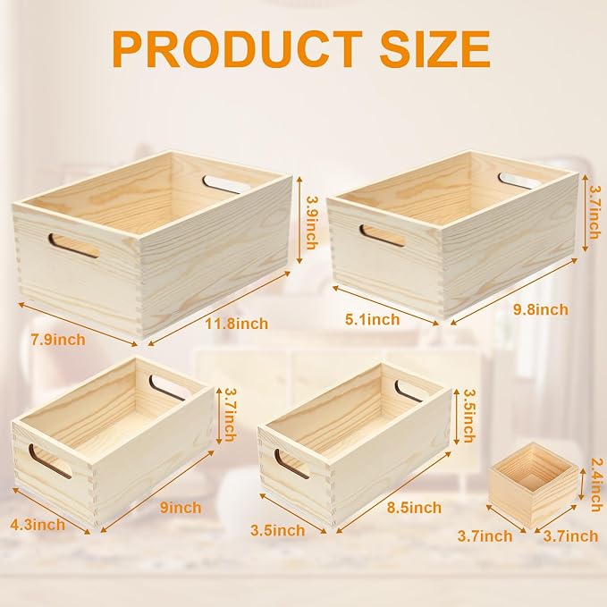 6 Packs Unfinished Wooden Box 5 Sizes Natural Handles Wood Boxes Storage - Image 2