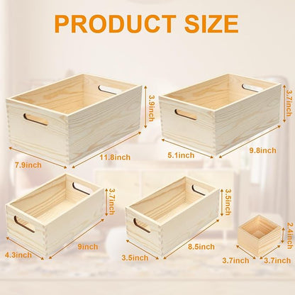 6 Packs Unfinished Wooden Box 5 Sizes Natural Handles Wood Boxes Storage - Image 2