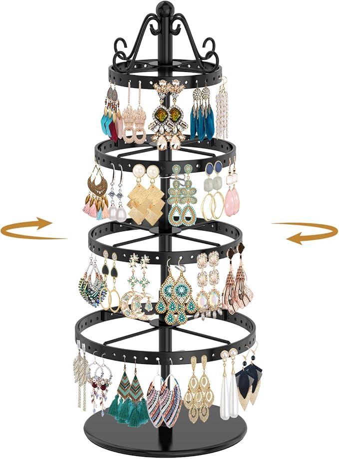MODOWEY Rotating Earring Holder Organizer Stand, 4 Tier Adjustable Metal by MODOWEY
